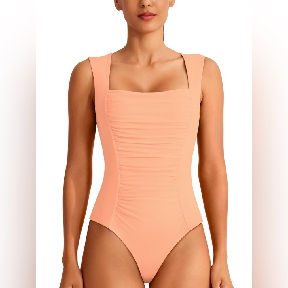 REORIA Sexy Square Neck Bodysuits For Women Peach Nectar Large